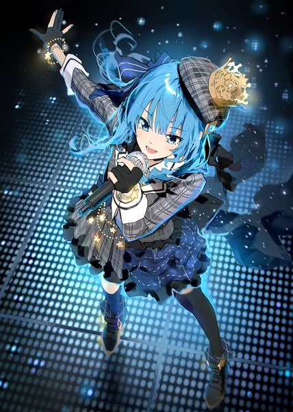 Anime picture 1276x1790 with virtual youtuber hololive hoshimachi suisei hoshimachi suisei (1st costume) sunako (veera) single long hair tall image open mouth blue eyes standing blue hair looking away full body :d from above outstretched arm side ponytail singing asymmetrical legwear
