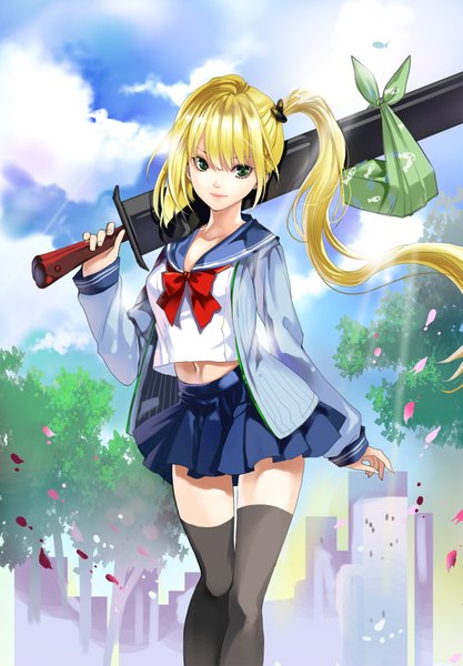 Anime picture 1467x2109 with original chushengdao single long hair tall image looking at viewer blonde hair green eyes sky cloud (clouds) side ponytail girl thighhighs skirt uniform weapon black thighhighs plant (plants) petals sword
