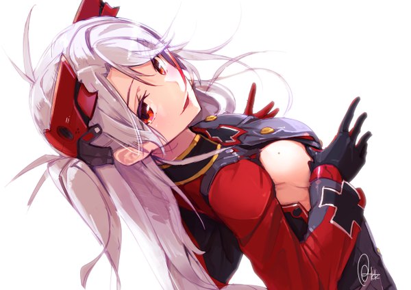 Anime picture 5000x3535 with azur lane prinz eugen (azur lane) azumi akitake single long hair looking at viewer highres breasts light erotic simple background red eyes white background signed absurdres silver hair ahoge upper body red hair long sleeves mole