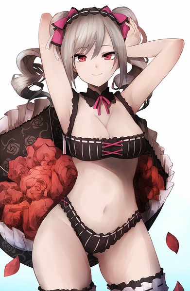 Anime picture 1000x1532 with idolmaster idolmaster cinderella girls kanzaki ranko snm (sunimi) single long hair tall image looking at viewer fringe breasts light erotic simple background smile hair between eyes red eyes large breasts standing white background cleavage silver hair