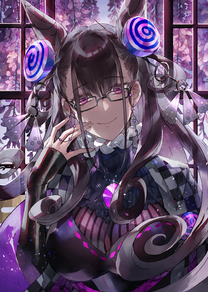 Anime picture 2030x2840 with fate (series) fate/grand order murasaki shikibu (fate) wrt (arpaca) single long hair tall image looking at viewer blush fringe highres breasts black hair smile hair between eyes large breasts purple eyes payot upper body head tilt