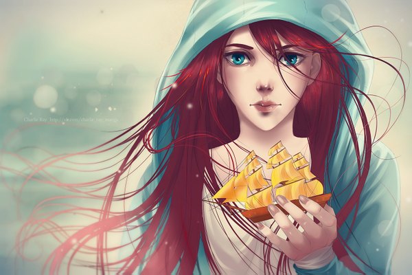 Anime picture 1400x935 with original charlie ray single long hair looking at viewer blue eyes holding red hair nail polish wind open clothes open jacket close-up girl jacket hood watercraft ship
