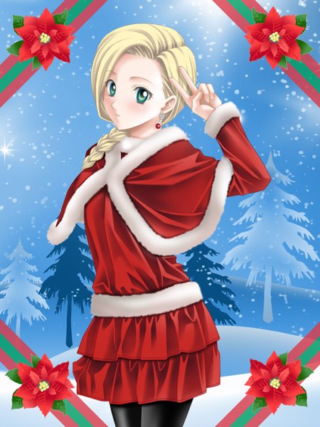 Anime picture 1200x1600 with dragon quest dragon quest v bianca (dq5) tamamon tall image blonde hair green eyes single braid victory snowing winter snow girl plant (plants) earrings tree (trees)