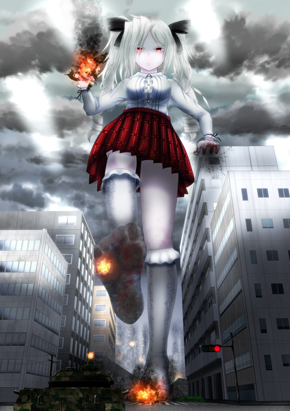 Anime picture 2894x4093 with original matsurika aono single long hair tall image looking at viewer fringe highres red eyes standing twintails holding sky cloud (clouds) full body outdoors white hair long sleeves pleated skirt from below