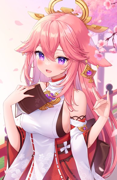 Anime-Bild 978x1500 mit genshin impact yae miko moorina single long hair tall image blush fringe short hair open mouth hair between eyes purple eyes animal ears pink hair traditional clothes :d japanese clothes fox ears cherry blossoms nontraditional miko