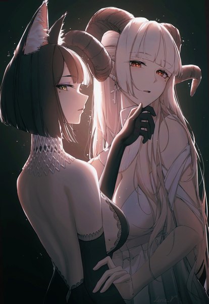 Anime picture 1380x2000 with original leria v long hair tall image looking at viewer fringe short hair breasts open mouth light erotic black hair simple background red eyes large breasts standing multiple girls signed animal ears yellow eyes white hair