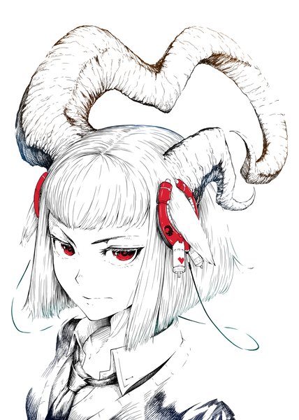 Anime picture 1000x1400 with original jaco single tall image fringe short hair red eyes animal ears looking away horn (horns) from above pointy ears monochrome portrait open collar spot color girl shirt necktie headphones