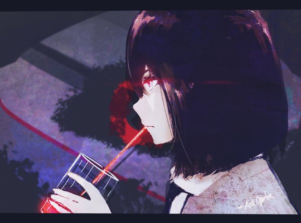 Anime picture 3100x2300 with original aoi ogata single fringe highres short hair black hair hair between eyes looking away absurdres profile pink eyes portrait letterboxed pale skin drinking abstract girl glass drinking straw