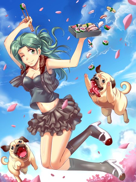 Anime picture 2500x3333 with original arseniquez single long hair tall image highres smile green eyes cleavage cloud (clouds) one eye closed green hair wink midriff flying girl skirt navel petals socks