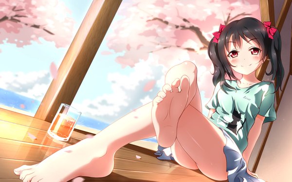 Anime picture 1920x1200 with love live! school idol project sunrise (studio) love live! yazawa nico xiao ren single long hair looking at viewer blush highres light erotic black hair smile red eyes sitting twintails barefoot bare legs cherry blossoms soles
