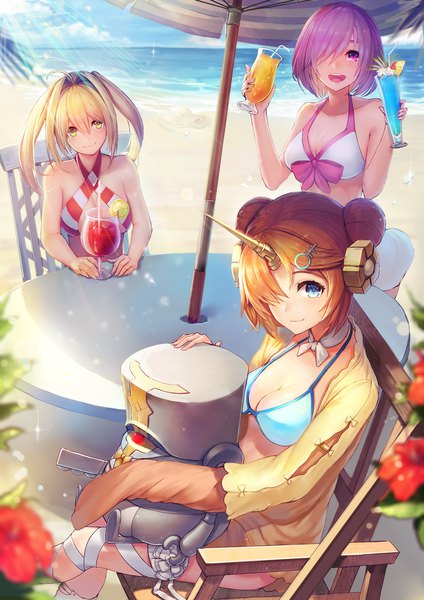 Anime picture 1700x2404 with fate (series) fate/grand order fate/apocrypha mash kyrielight nero claudius (fate) nero claudius (swimsuit caster) (fate) frankenstein's monster (fate) frankenstein's monster (swimsuit saber) (fate) amano misaki (artist) long hair tall image looking at viewer blush fringe short hair breasts open mouth blue eyes light erotic blonde hair