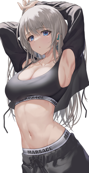 Anime picture 1575x3040 with original makamati single long hair tall image looking at viewer blush fringe breasts open mouth blue eyes light erotic simple background hair between eyes large breasts standing white background cleavage long sleeves grey hair