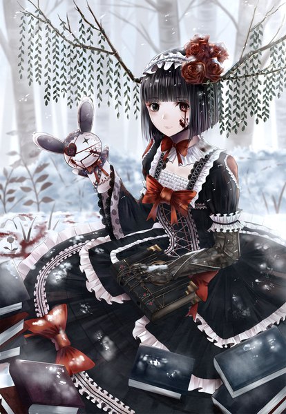 Anime picture 1500x2173 with original nicky w single tall image looking at viewer fringe short hair black hair blunt bangs hair flower black eyes heterochromia snowing snow lolita fashion blood on face goth-loli mechanical parts damage girl