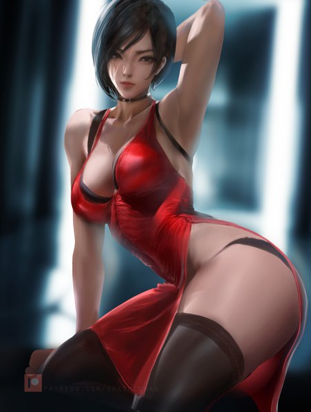 Anime picture 2635x3500 with resident evil ada wong sakimichan single tall image looking at viewer fringe highres short hair breasts light erotic black hair large breasts brown eyes cleavage arm up blurry realistic armpit (armpits) depth of field