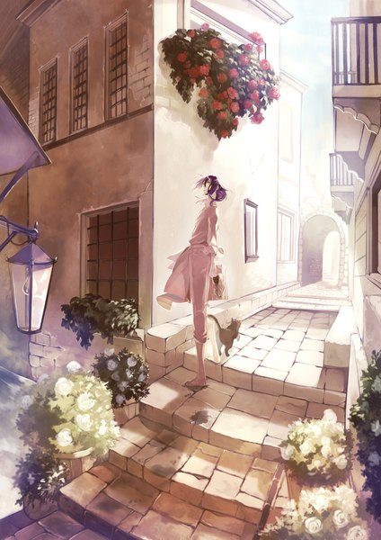 Anime picture 1000x1414 with original fasna long hair tall image short hair standing holding green eyes looking away purple hair outdoors barefoot wind sunlight looking up river shoes removed footprints alley boy
