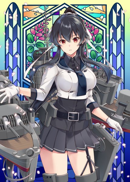 Anime picture 787x1100 with kantai collection yahagi light cruiser ichinomiya (blantte) single long hair tall image looking at viewer blush fringe breasts black hair hair between eyes red eyes large breasts standing ponytail pleated skirt double buttons mecha musume girl