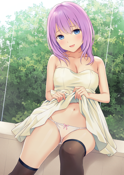 Anime picture 2900x4100 with original n.g. single long hair tall image looking at viewer blush fringe highres breasts open mouth blue eyes light erotic smile hair between eyes large breasts sitting bare shoulders pink hair cleavage