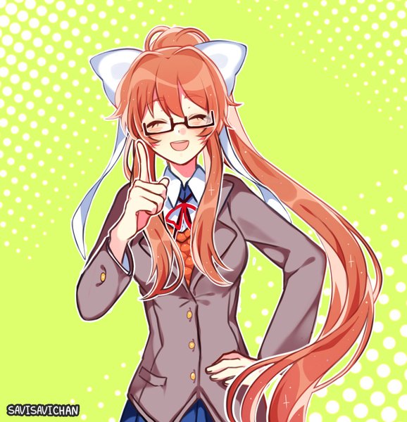 Anime picture 925x960 with doki doki literature club monika (doki doki literature club) savi (byakushimc) single long hair tall image blush fringe open mouth simple background smile hair between eyes standing signed payot ponytail eyes closed long sleeves arm up orange hair
