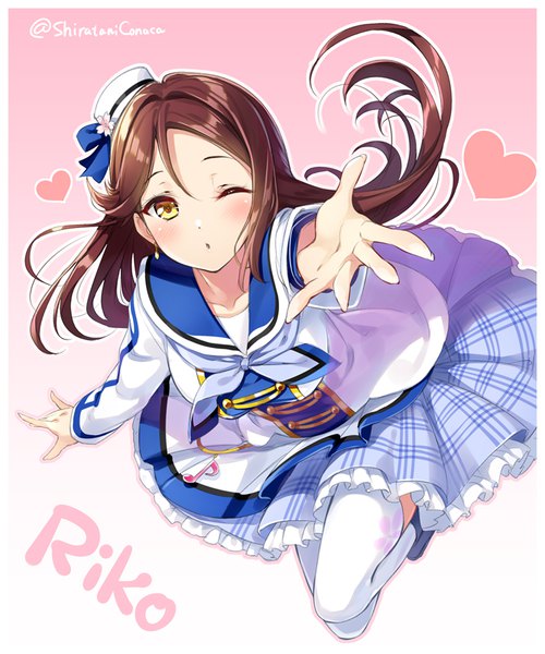 Anime picture 668x801 with love live! sunshine!! sunrise (studio) love live! sakurauchi riko huyukaaki single long hair tall image looking at viewer blush fringe simple background hair between eyes signed yellow eyes red hair one eye closed character names twitter username gradient background
