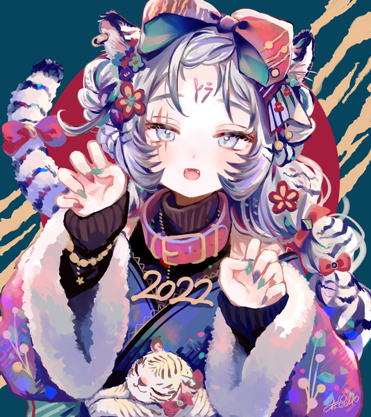 Anime picture 2200x2472 with original syukonbu single long hair tall image looking at viewer highres open mouth animal ears silver hair upper body tail long sleeves nail polish animal tail sleeves past wrists scar new year silver eyes claw pose