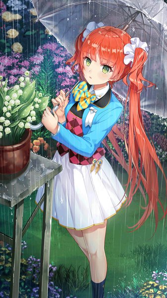Anime picture 1152x2048 with girl cafe gun rococo (girl cafe gun) single long hair tall image fringe open mouth standing twintails holding green eyes payot looking away outdoors blunt bangs long sleeves pleated skirt from above orange hair open jacket