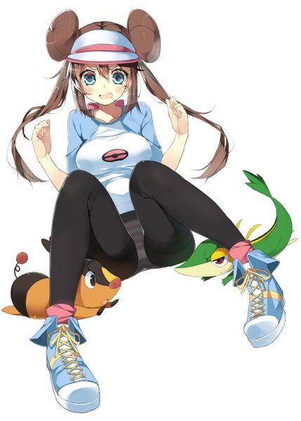 Anime picture 1000x1399 with pokemon pokemon black and white nintendo rosa (pokemon) snivy tepig koba long hair tall image blush open mouth blue eyes light erotic simple background brown hair white background sitting twintails hair bun (hair buns) looking down