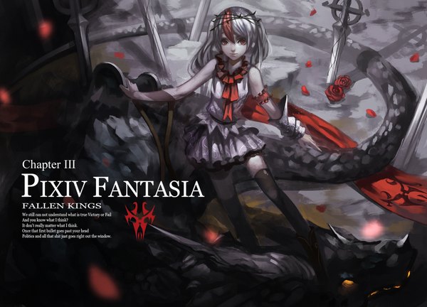 Anime picture 2000x1442 with original pixiv fantasia pixiv fantasia fallen kings baka (mh6516620) long hair looking at viewer highres red eyes twintails bare shoulders silver hair multicolored hair two-tone hair streaked hair girl thighhighs dress flower (flowers) weapon black thighhighs