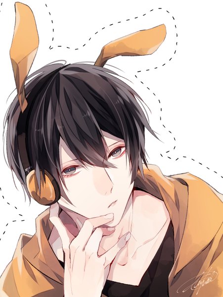 Anime picture 1070x1422 with tsukiuta uduki arata utkt single tall image looking at viewer fringe short hair black hair simple background hair between eyes white background signed animal ears upper body parted lips open jacket grey eyes bunny ears portrait