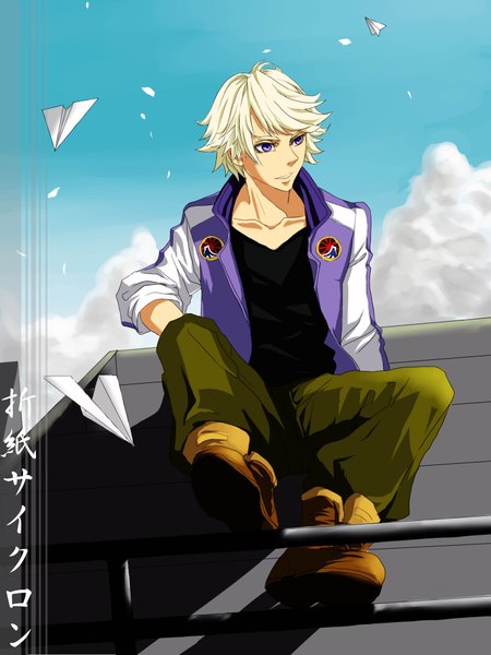 Anime picture 1536x2048 with tiger & bunny sunrise (studio) ivan karelin sagazoe single tall image short hair blonde hair sitting purple eyes cloud (clouds) hieroglyph boy jacket boots paper airplane