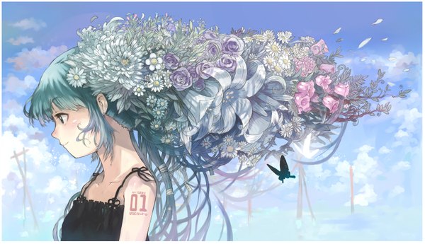 Anime picture 1500x864 with vocaloid hatsune miku imoman (artist) single long hair wide image profile hair flower aqua eyes aqua hair border girl hair ornament flower (flowers) insect butterfly