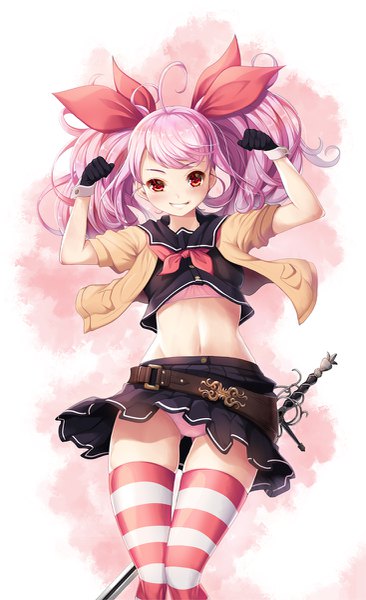 Anime picture 733x1200 with original koflif single long hair tall image looking at viewer blush light erotic smile red eyes twintails pink hair ahoge midriff pantyshot paw pose girl thighhighs skirt gloves