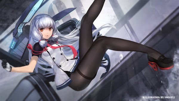 Anime picture 1890x1063 with kantai collection murakumo destroyer swd3e2 single long hair looking at viewer highres light erotic wide image brown eyes silver hair high heels watermark tress ribbon midair girl gloves ribbon (ribbons) hair ribbon pantyhose