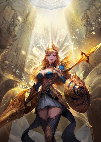 Anime picture 1920x2699 with original byung joon lee single long hair tall image fringe highres breasts blonde hair standing holding green eyes magic light looking up valkyrie girl skirt hair ornament ribbon (ribbons)