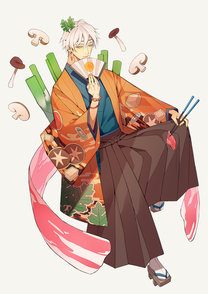 Anime picture 1200x1697 with food fantasy sukiyaki (food fantasy) soppaghetti single tall image looking at viewer fringe short hair simple background hair between eyes white background holding full body white hair traditional clothes japanese clothes wide sleeves orange eyes piercing ear piercing