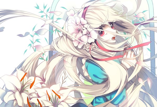 Anime picture 1463x1000 with kagerou project shaft (studio) mary (kagerou project) syeoseul single looking at viewer open mouth blonde hair red eyes very long hair hair flower wind girl hair ornament flower (flowers) ribbon (ribbons) hair ribbon petals lily (flower)