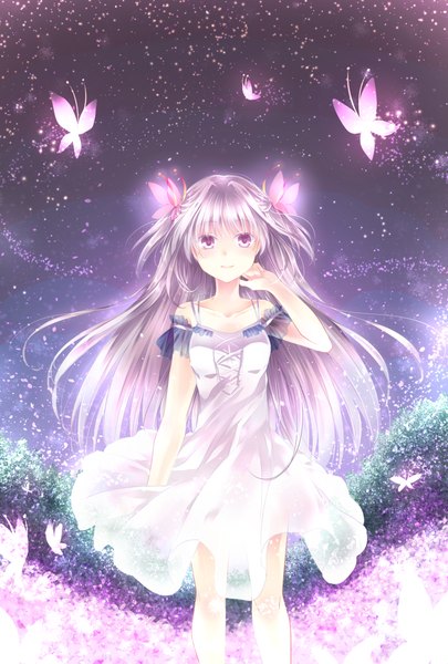 Anime picture 811x1200 with original kousetsu single long hair tall image looking at viewer fringe purple eyes bare shoulders light smile grey hair night night sky girl dress hair ornament plant (plants) tree (trees) white dress insect