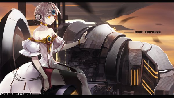 Anime picture 2116x1190 with elsword eve (elsword) swd3e2 single highres short hair wide image sitting bare shoulders looking away grey hair hair bun (hair buns) orange eyes girl dress hair ornament boots bracelet thigh boots jewelry