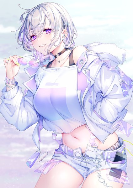 Anime picture 2300x3253 with original neko-san (dim.dream) single tall image looking at viewer blush fringe highres short hair breasts light erotic smile hair between eyes standing purple eyes holding signed silver hair long sleeves nail polish