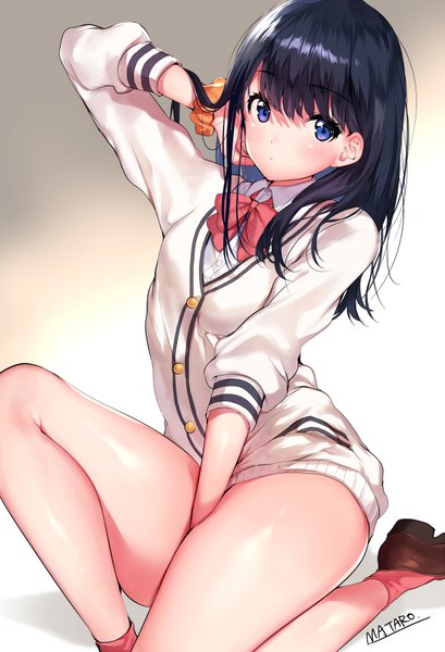 Anime picture 645x947 with gridman universe ssss.gridman studio trigger takarada rikka matarou (genkai toppa) single long hair tall image looking at viewer blush fringe blue eyes light erotic black hair simple background hair between eyes sitting signed arm up shadow