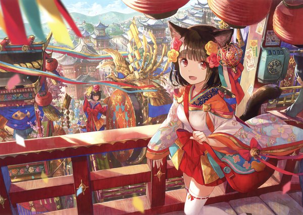 Anime picture 3300x2342 with original eshi 100-nin ten fuzichoco highres short hair open mouth black hair red eyes brown hair multiple girls animal ears absurdres tail traditional clothes japanese clothes animal tail hair flower from above cat ears scan