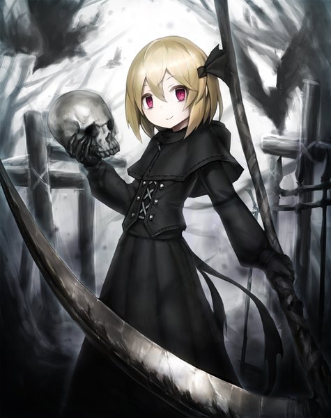 Anime picture 1000x1263 with touhou rumia spark621 single tall image looking at viewer fringe short hair blonde hair smile hair between eyes red eyes standing holding outdoors long sleeves head tilt pale skin bare tree girl