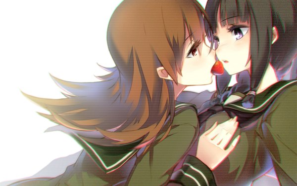 Anime picture 1432x900 with kantai collection kitakami light cruiser ooi light cruiser hong (white spider) long hair blush fringe open mouth black hair simple background red eyes brown hair white background purple eyes twintails multiple girls blunt bangs braid (braids) profile low twintails
