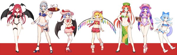 イラスト 1933x609 と 東方 フランドール・スカーレット レミリア・スカーレット 十六夜咲夜 パチュリー・ノーレッジ チルノ 紅美鈴 小悪魔(東方project) 贺崽Load 長髪 カメラ目線 前髪 短い髪 おっぱい 開いた口 青い目 light erotic simple background 金髪 笑顔