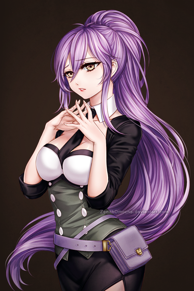 Anime picture 600x900 with zenithomocha single tall image fringe breasts simple background hair between eyes looking away purple hair ahoge ponytail parted lips lips side slit brown background fingers together girl necktie belt detached collar