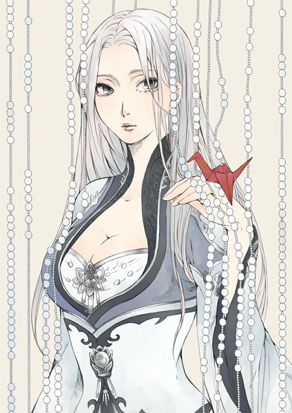 Anime picture 800x1131 with original soudwrong single long hair tall image simple background looking away silver hair grey hair silver eyes girl animal beads origami paper crane