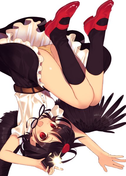 Anime picture 2715x3800 with touhou shameimaru aya kitada mo single tall image looking at viewer fringe highres short hair breasts open mouth light erotic black hair simple background red eyes white background holding fingernails happy black wings