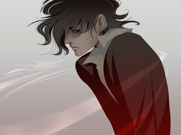 Anime picture 1005x750 with hellsing alucard (hellsing) solid&etc single long hair fringe black hair simple background brown hair profile wind grey background mole open collar mole under mouth boy shirt