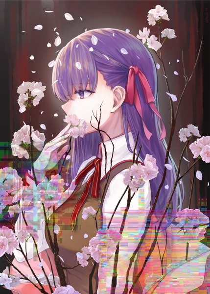 Anime picture 997x1395 with fate (series) fate/stay night matou sakura gurifu single long hair tall image fringe hair between eyes purple eyes looking away purple hair upper body long sleeves profile covered mouth girl uniform flower (flowers) ribbon (ribbons)