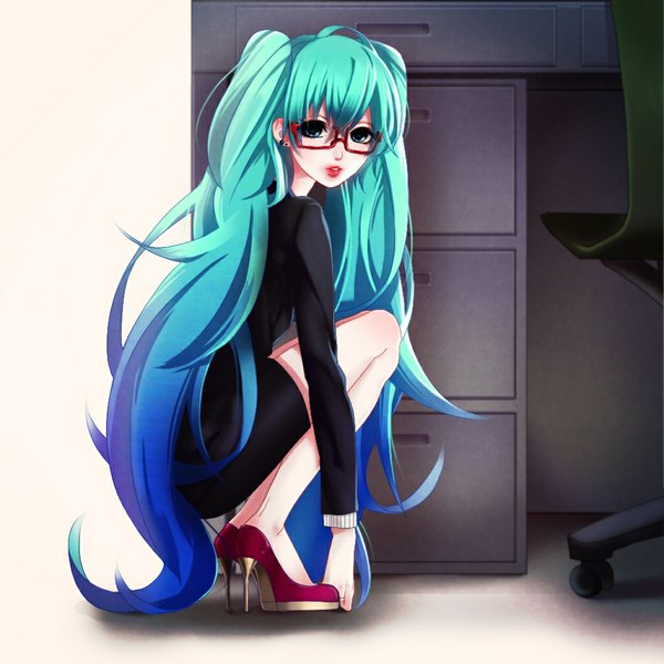 Anime picture 1024x1024 with vocaloid hatsune miku monqkq single long hair looking at viewer open mouth twintails very long hair aqua eyes lips aqua hair girl earrings glasses shoes ring costume