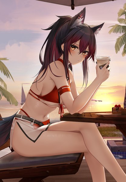 Anime picture 3372x4862 with arknights texas (arknights) ru zhai single long hair tall image looking at viewer blush fringe highres breasts light erotic black hair hair between eyes large breasts sitting holding animal ears payot absurdres